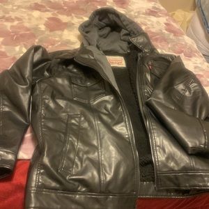 New~ size Xl Black Leather Levi’s coat w/ gray hood.